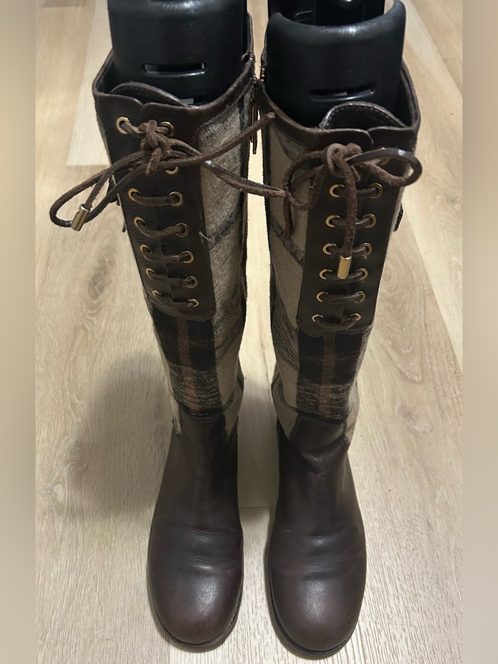 Tory Burch Brown Plaid Lace-Up Riding Boots